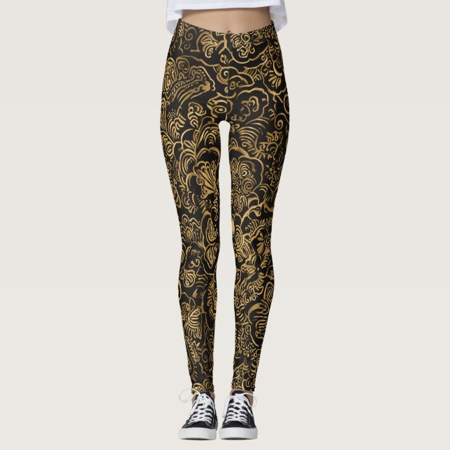 Leggings Gold Floral Baroque Pattern on Black (Anverso)