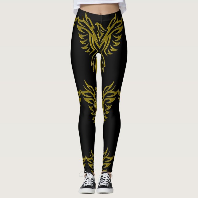 Leggings Golden Phoenix Rising sobre el negro (Anverso)