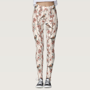 Leggings Gorrión asiático Flor de Cerezo Rayas de Melocotón