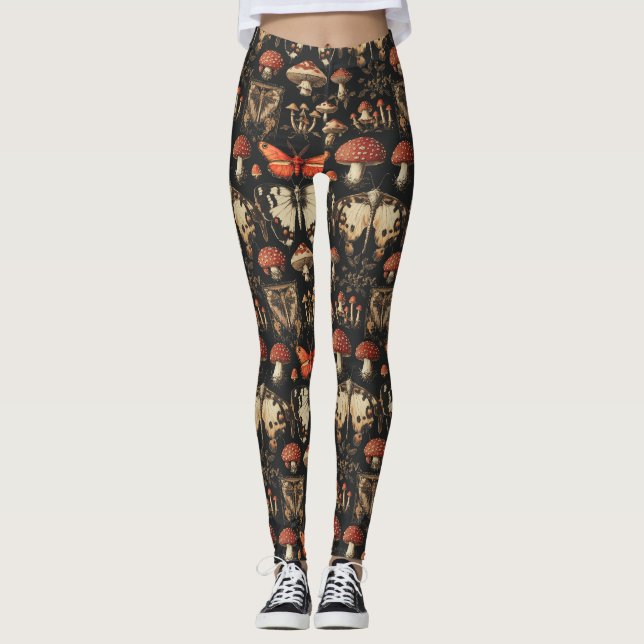 Leggings Gothic Mushroom Specimen Dark Academia Red Moth (Anverso)
