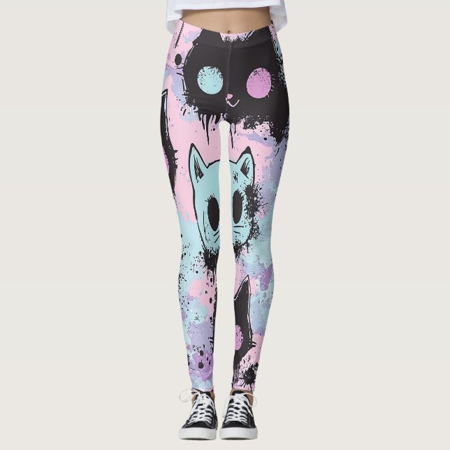 Leggings Gótico de Kawaii Pastel Cute Patchwork Gato asquer (Anverso)