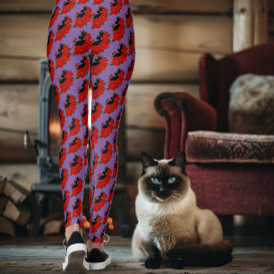 Leggings Gótico Gato Negro Rosas Rojas Púrpura
