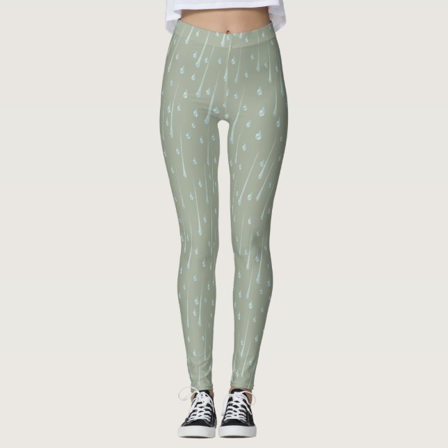 Leggings Gotitas de lluvia Cute Día lluvioso Verde oliva (Anverso)
