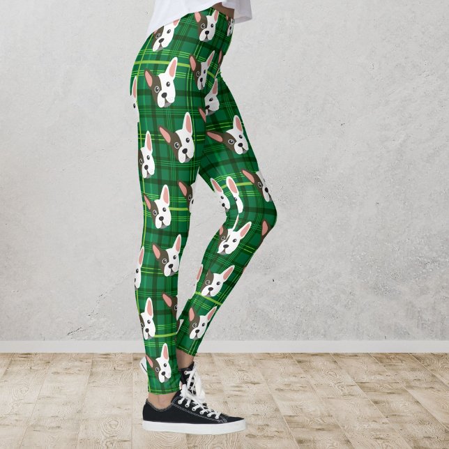 Leggings Gracioso Bulldog Green Plaid Trendy Cute Dog (Subido por el creador)