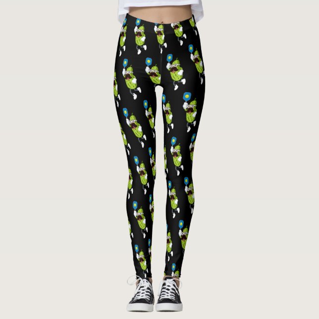 Leggings Gracioso Mustache Pickle Jugando Pickleball Black (Anverso)
