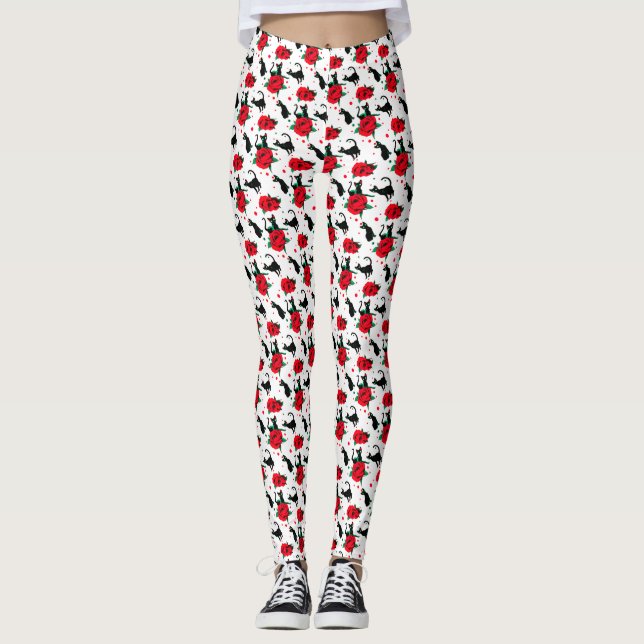 Leggings Gracioso Patrón de rosas rojas de latas negras ric (Anverso)
