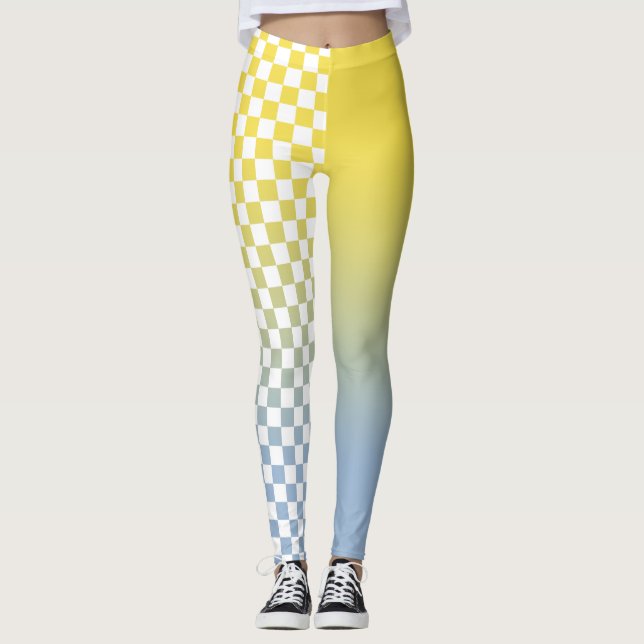 Leggings Gradiente moderno amarillo azul y patrón de cuadro (Anverso)