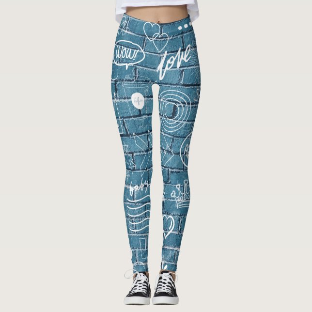 Leggings Graffiti blanco en la pared azul arte de texto mod (Anverso)
