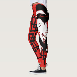 Leggings gráfico rojo blanco de geisha del negro japonés