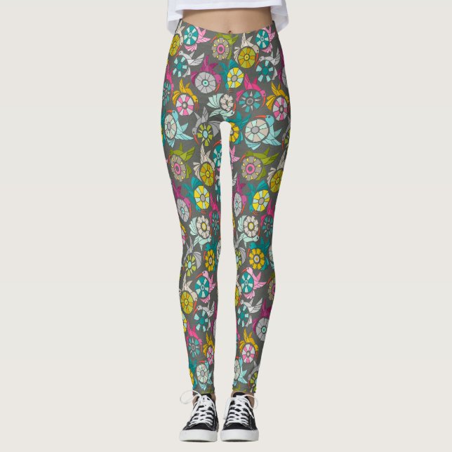 Leggings grafito de pájaros solares de papel (Anverso)