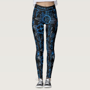 Leggings Gran flor floral patrón azul nombre personalizado