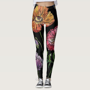 Leggings Gran Naranja de amapola Floral de acuarela