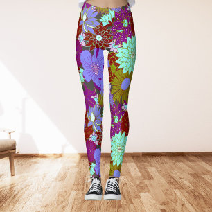 Leggings Gran patrón floral audaz en violeta y verde
