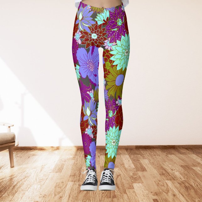 Leggings Gran patrón floral audaz en violeta y verde (Subido por el creador)