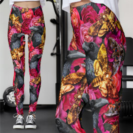 Leggings Grandes polillas cabeza de muerte rosas cuervo gót