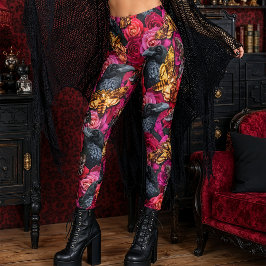 Leggings Grandes polillas cabeza de muerte rosas cuervo gót