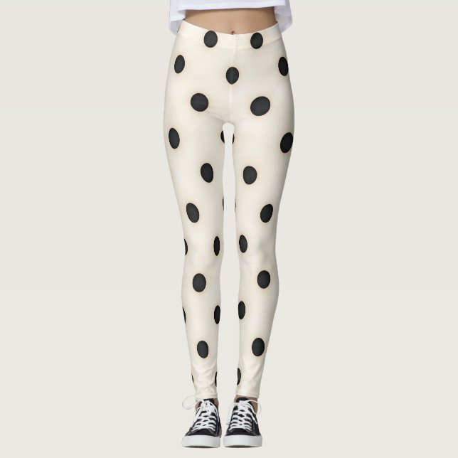 Leggings Grandes puntos de polka negra en blanco antiguo (Anverso)