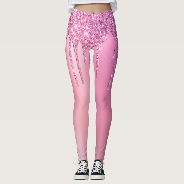 Leggings Grandioso oro rosa rosa y purpurina morado gotea (Anverso)