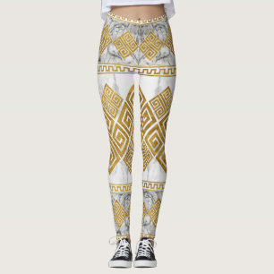 Leggings Greek Meander - Greek Key White Marble and Gold