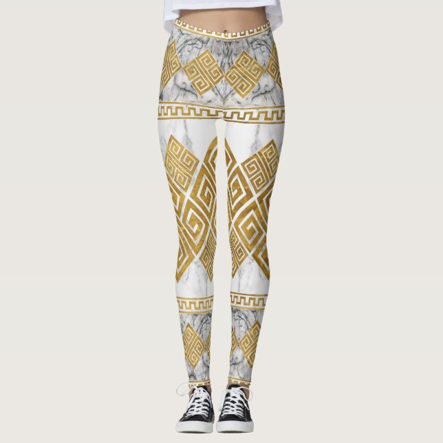 Leggings Greek Meander - Greek Key White Marble and Gold (Anverso)