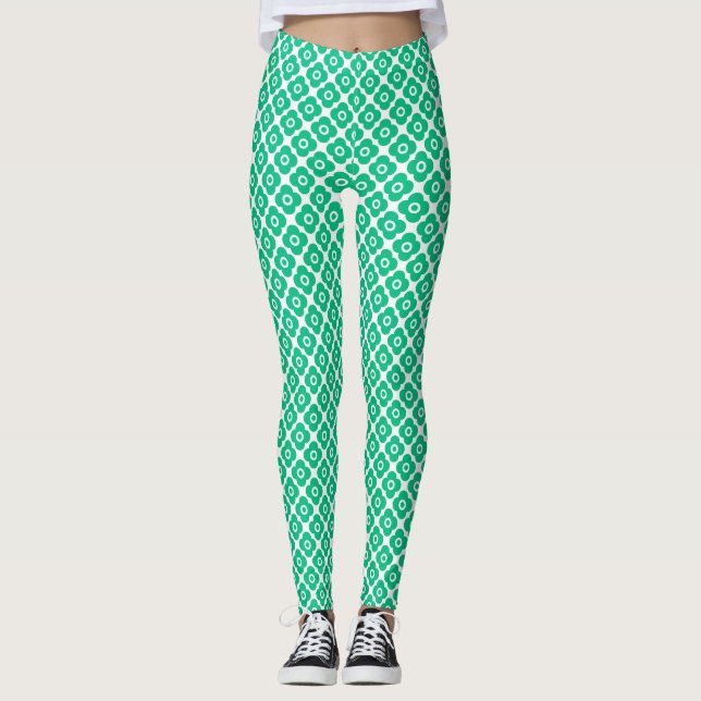 Leggings Green and white simple floral pattern retro (Anverso)