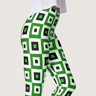 Leggings Green Black White Checkered Squares Pattern