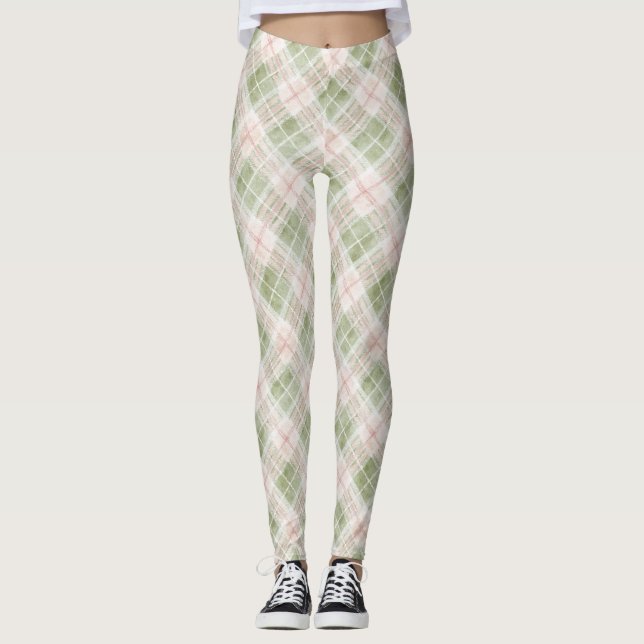 Leggings Green Blush Pink Plaid Stripes (Anverso)