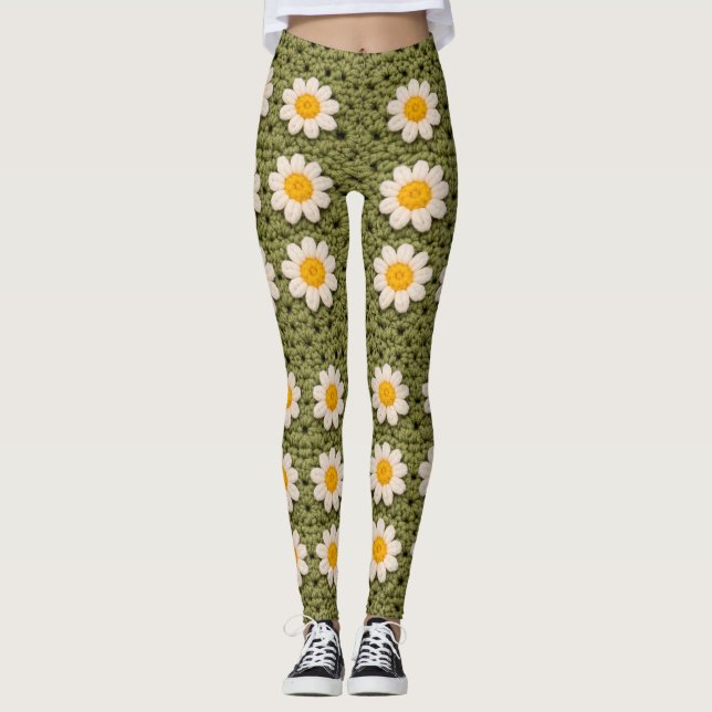 Leggings Green Daisy Granny Square Crochet Pattern Floral (Anverso)
