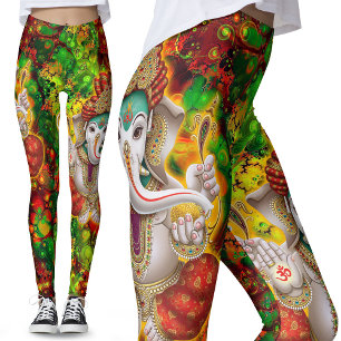 Leggings Green Red Ganesh Hippie Boho Festival Psicodélico