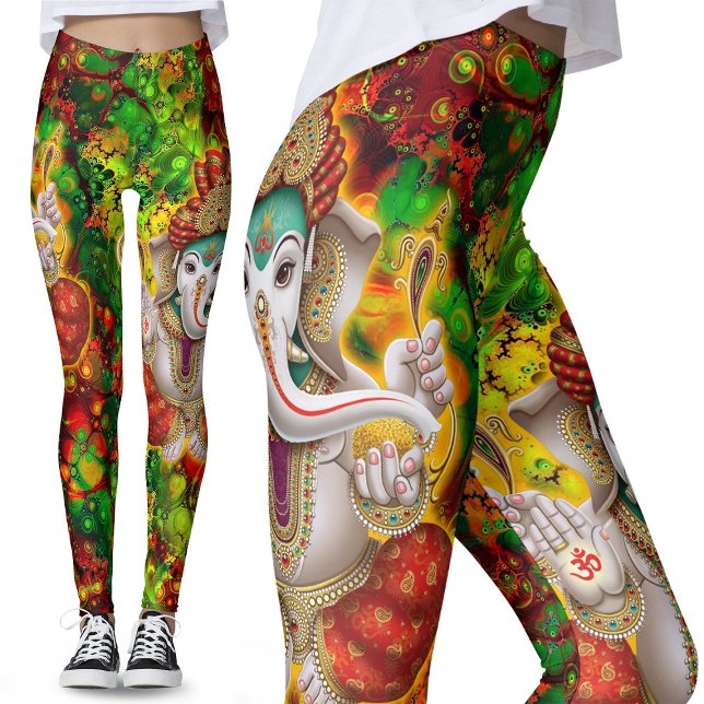 Leggings Green Red Ganesh Hippie Boho Festival Psicodélico (Subido por el creador)