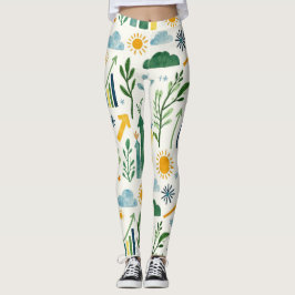 Leggings Green Sunny Yellow Sky Blue Seless Pattern