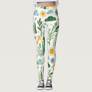 Leggings Green Sunny Yellow Sky Blue Seless Pattern