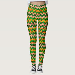 Leggings Green Tan Yellow ChevPattern Burlap Look