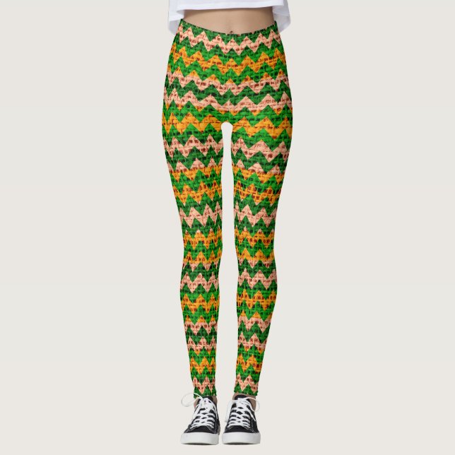 Leggings Green Tan Yellow ChevPattern Burlap Look (Anverso)