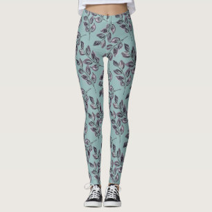 Leggings Gris acuarela, ramas negras sobre un turquesa