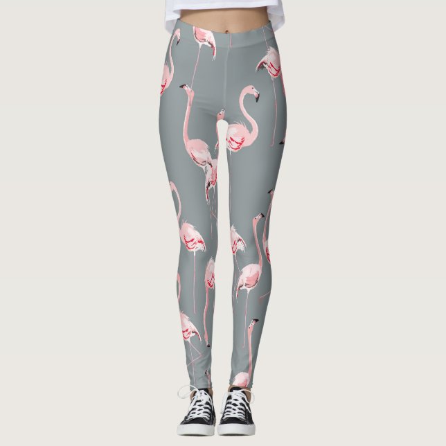 Leggings Gris Flamingo: Patrón Vintage de Seamless. (Anverso)