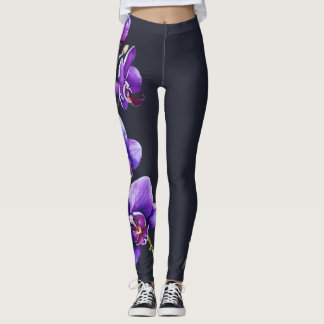 Leggings Gris pizarra oscura, piernas de orquídeas moradas