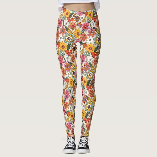 Leggings Groovy 70's, Naranja, rosa y floral verde (Anverso)
