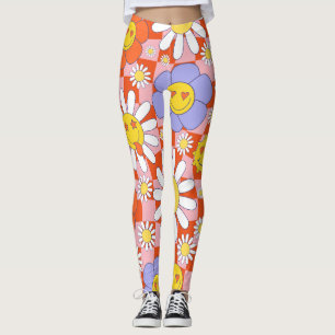 Leggings Groovy Daisy Floral Checkerboard, años 90