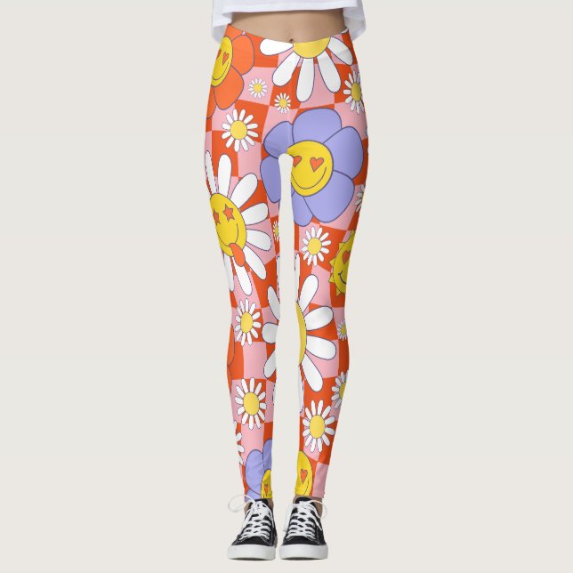 Leggings Groovy Daisy Floral Checkerboard, años 90 (Anverso)