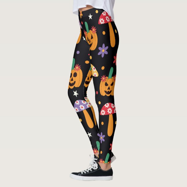 Leggings Groovy Halloween Calabazas flores y hongos (Izquierda)