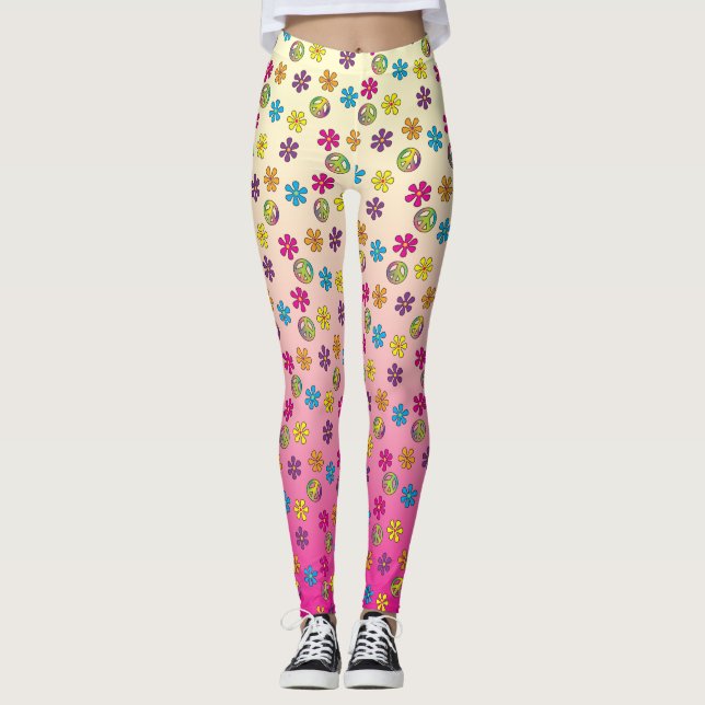 Leggings Groovy Hippie Peace and Flower Shower se desvanece (Anverso)