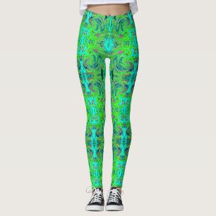 Leggings Groovy Lime verde y azul Resumen de arte retro