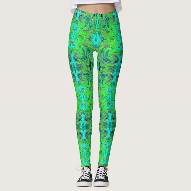 Leggings Groovy Lime verde y azul Resumen de arte retro (Anverso)
