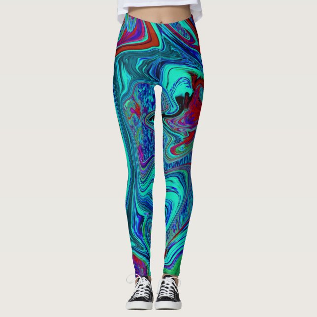 Leggings Groovy Resumen de arte retro en azul y rojo (Anverso)