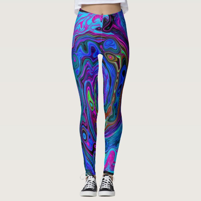 Leggings Groovy Resumen Retro Azul y Púrpura Swirl (Anverso)