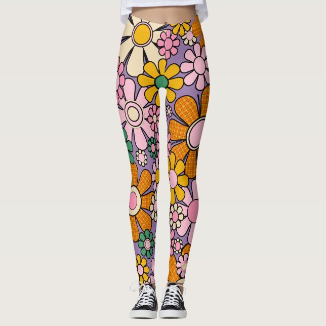 Leggings Groovy Retro 60 Flores hippie alegre cosecha (Anverso)