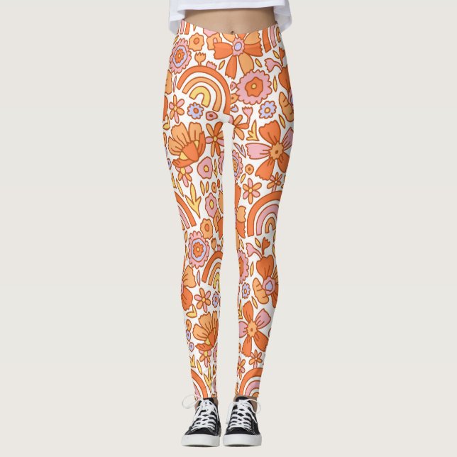 Leggings Groovy Retro Naranja Florals (Anverso)