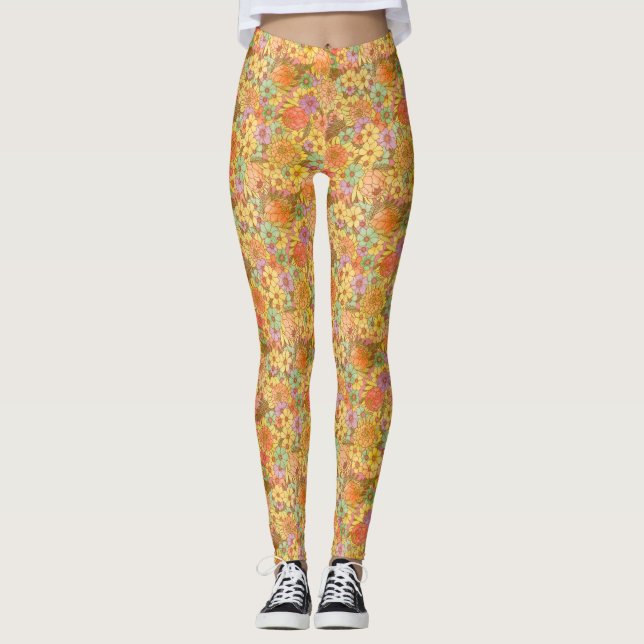 Leggings Groovy Retro Summertime Protea Y Patrón De Daisy (Anverso)