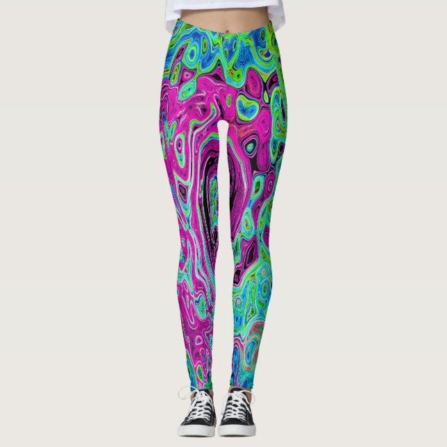 Leggings Groovy rosa caliente y azul Resumen Swirte retro (Anverso)
